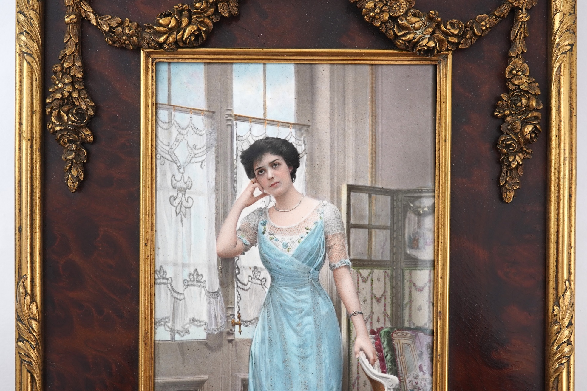 Mathieu Deroche (French fl.1866-1904), 'Full length portrait of a lady in an interior'